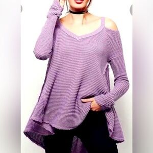 Free People Lavender Waffle Cold Shoulder Sweater